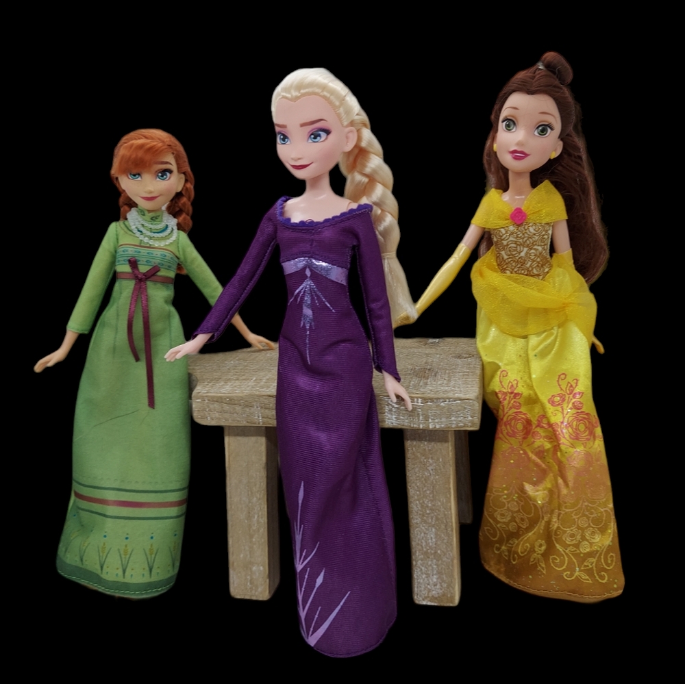 Lot of 3 Disney Dolls, Elsa, Anna, Belle